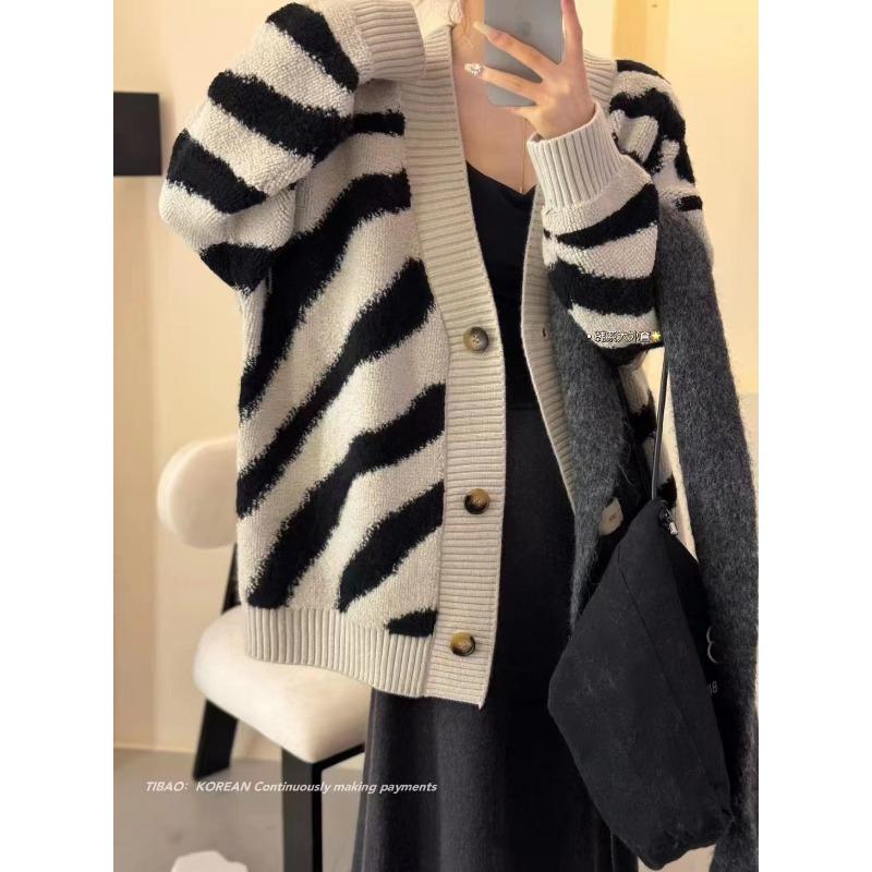 Осенне-зимний женский свитер, кардиган, контрастный цвет, длинный рукав, пуговицы в полоску, свободная одежда, вязаный свитер, куртка