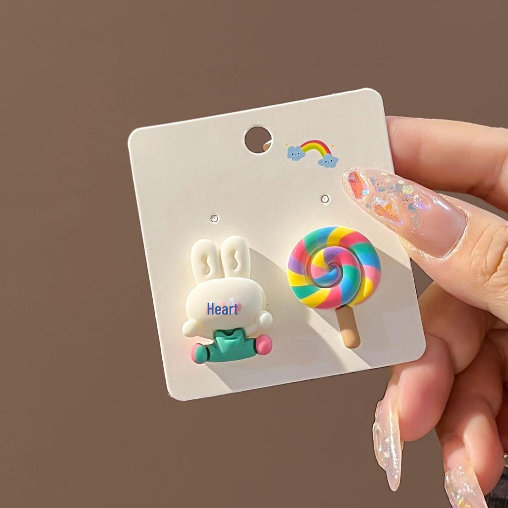 Японские серьги в виде кролика, медведя и клубники в пастельных тонах с серебряными штифтами