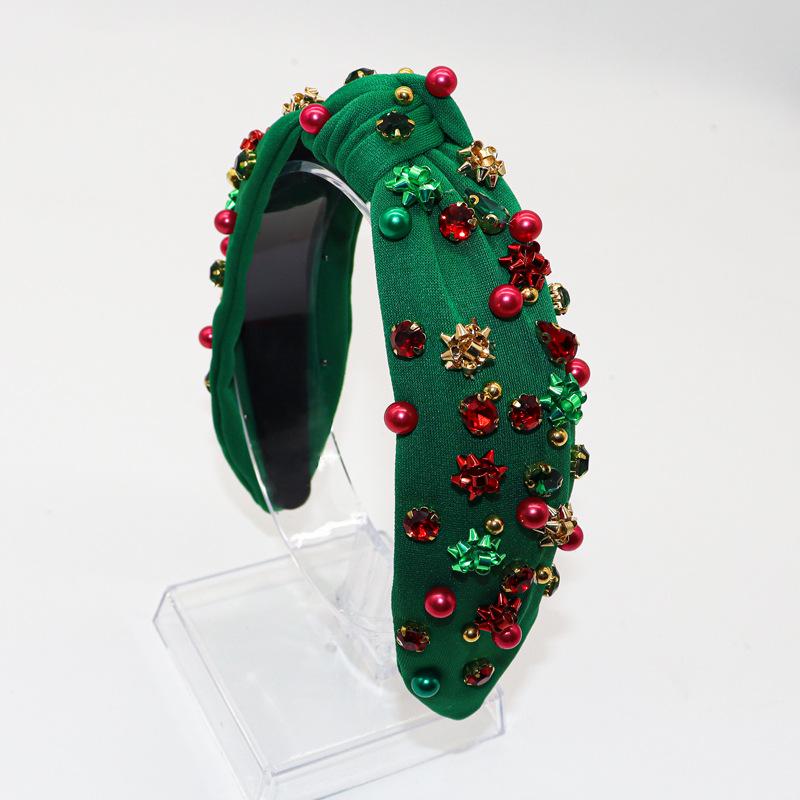 Европейско-американская рождественская повязка на голову с узлом из страз и жемчуга и 3D металлическими цветами - праздничный женский аксессуар для волос