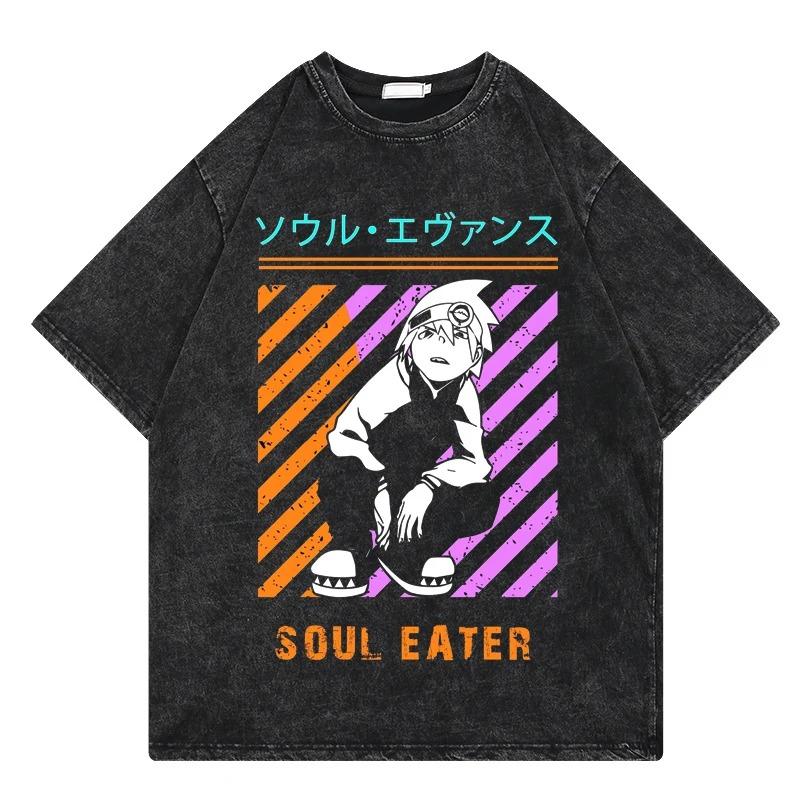 Футболка Soul Eater Винтажная стираная футболка Аниме Печать Графика Уличная одежда Хип-хоп Свободная футболка Y2k Летняя повседневная хлопковая футболка