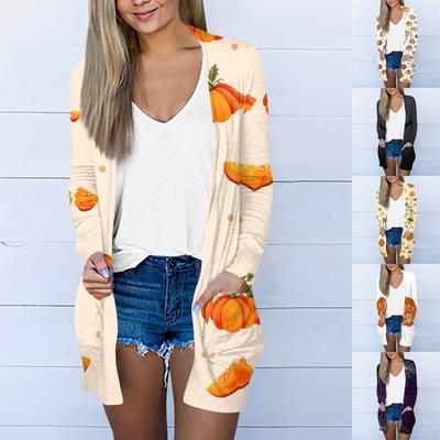 Женская мода, повседневный кардиган с карманом и принтом на Хэллоуин, средней длины