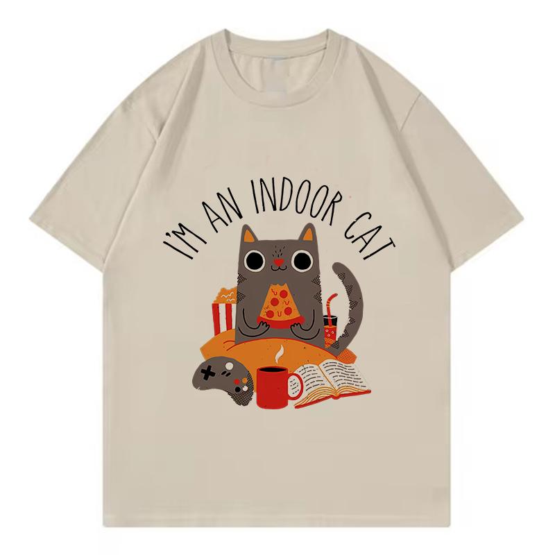 I Am An Indoor Cat Book Design T Shirts Unisex Women Cat T-shirt Round Neck Short Sleeve Trendy Tee Shirt Streetwear Tops