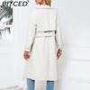 BITCED Spring/Autumn Women's Trench Coat - Long, Loose-Fit Jacket In PU Leather Classic Women's Collared Coat with Belt