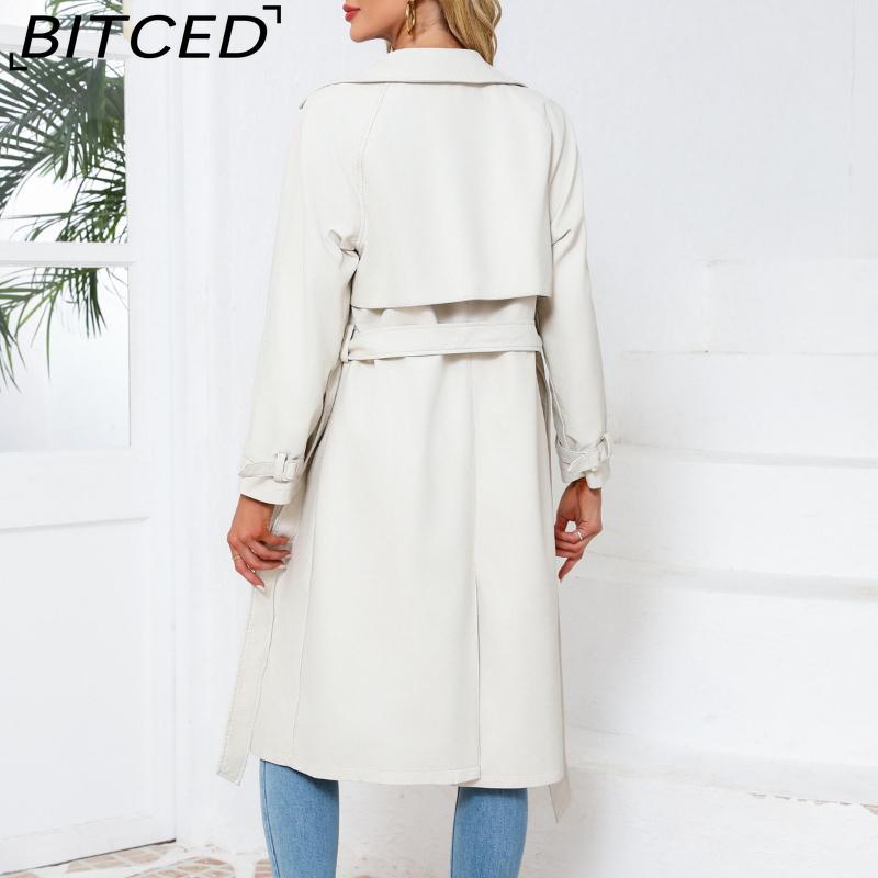 BITCED Spring/Autumn Women's Trench Coat - Long, Loose-Fit Jacket In PU Leather Classic Women's Collared Coat with Belt