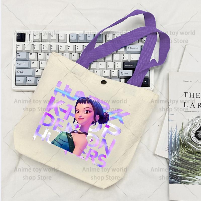 KPop Demon Hunters GIRLS Canvas Shopping Bags Women Cotton Tote Bags Reusable Cartoon Letter Shoulder Bag Grocery Handbag Beige