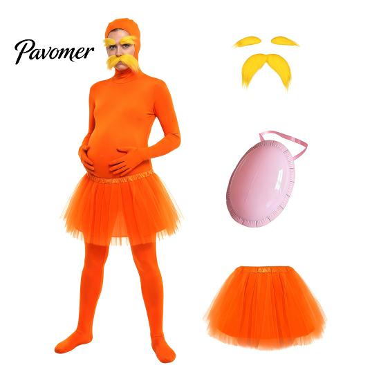 Комбинезоны для вечеринки на Хэллоуин, Оранжевый полный костюм Zentai, с юбкой из тюля, накладным животом, желтыми усами и бровями, Костюм для косплея, Открытое лицо,