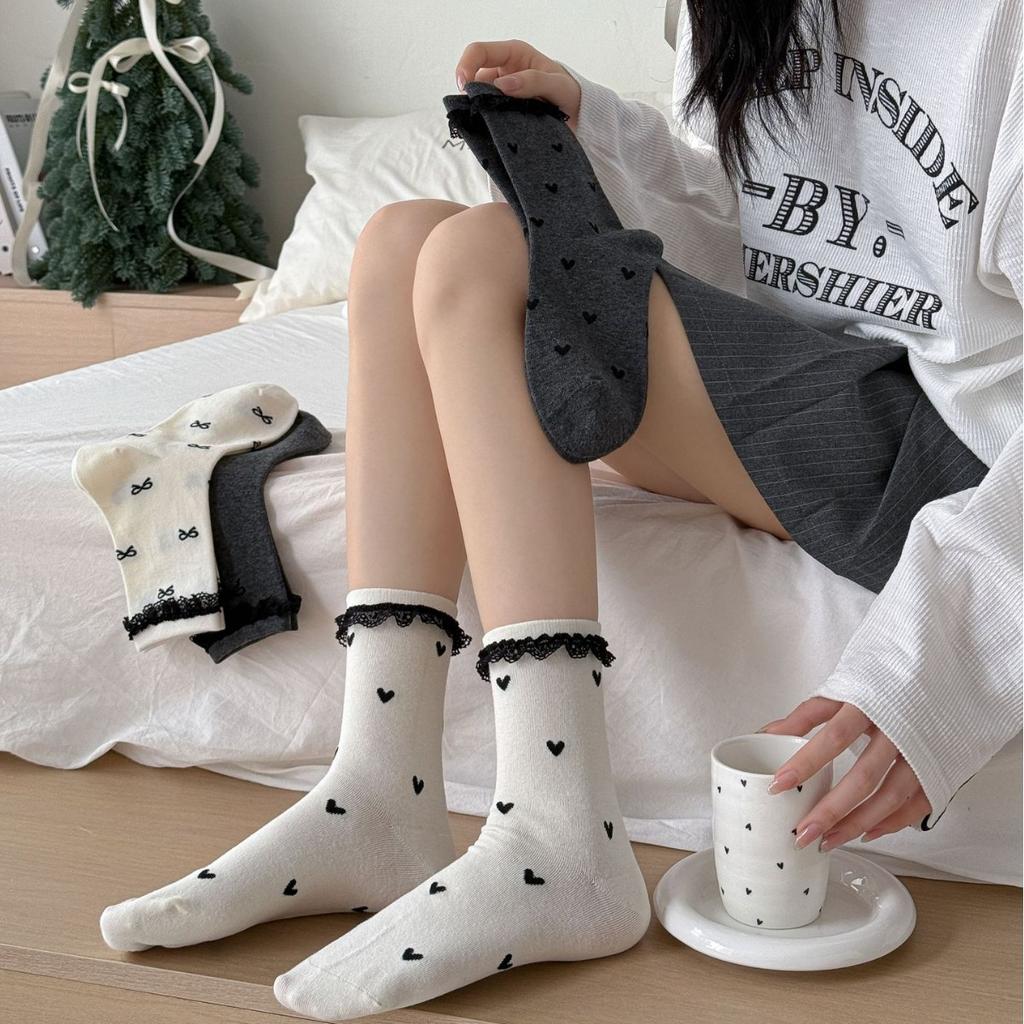 Socks Casual Lazy And Versatile Lace Mid-Tube Socks Tie Bows Polka Dot Layered With Piles Of Cotton Socks