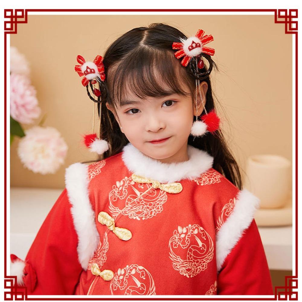 2 шт. головной убор ханьфу, новогодний головной убор в китайском стиле, красный парик, заколка для волос, детская заколка для волос