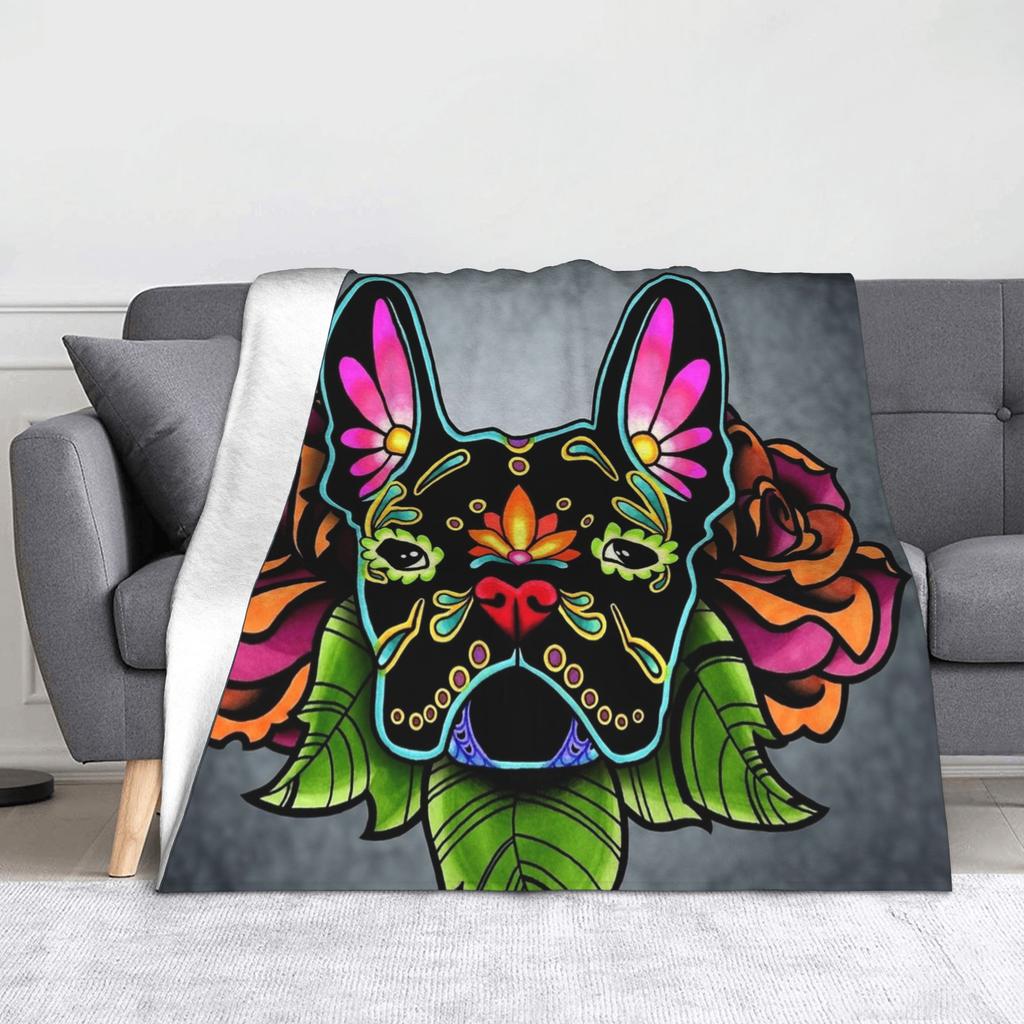 French Bulldog in Black Sugar Skull Dog Blanket Flannel Day of the Dead Warm Throw Blanket for Sofa Travel Plush Thin Quilt