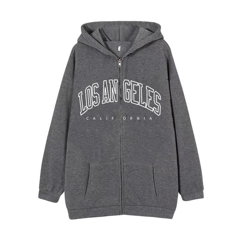 Zip-Up Hooded Sweatshirt Women Loose Fit Streetwear Geometric Print Cotton Long Sleeve Oversized Pullover