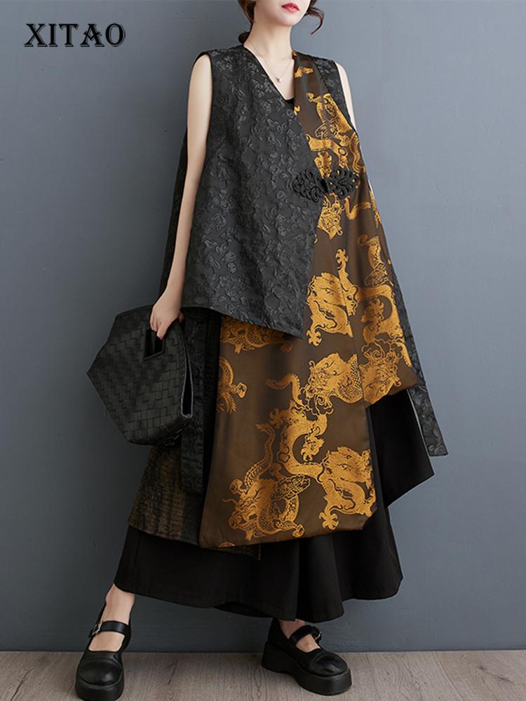 Xitao Жилет без рукавов в китайском стиле, модный универсальный однобортный нерегулярный лоскутный жилет 2024 года, осенний женский новый жилет DMJ4169