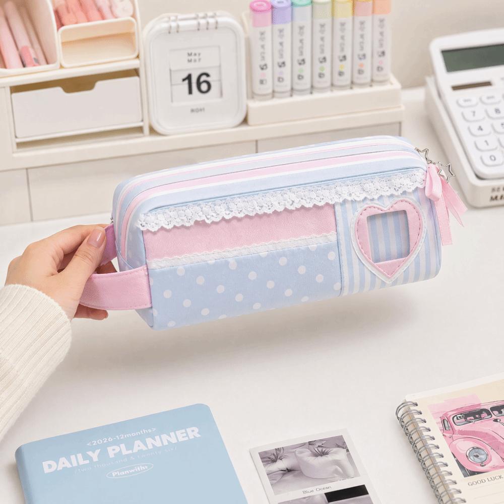 Large Capacity Pen Bag Polka Dot Design Pencil Pouch Kawaii Stationery Bag  School Office Supplies