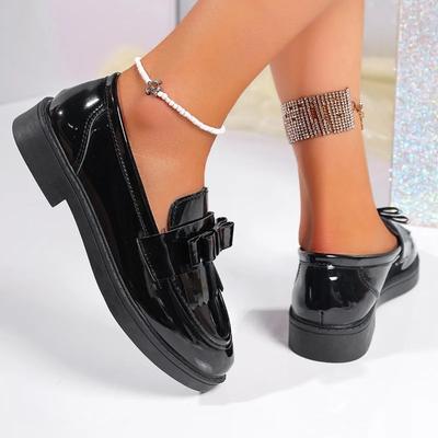 Мода 2025 Классические лоферы Женские туфли на высоком каблуке Круглый носок Низкий каблук Уличные Повседневные и Офисные туфли Женские Туфли-лодочки с бантом Слипоны Большой размер