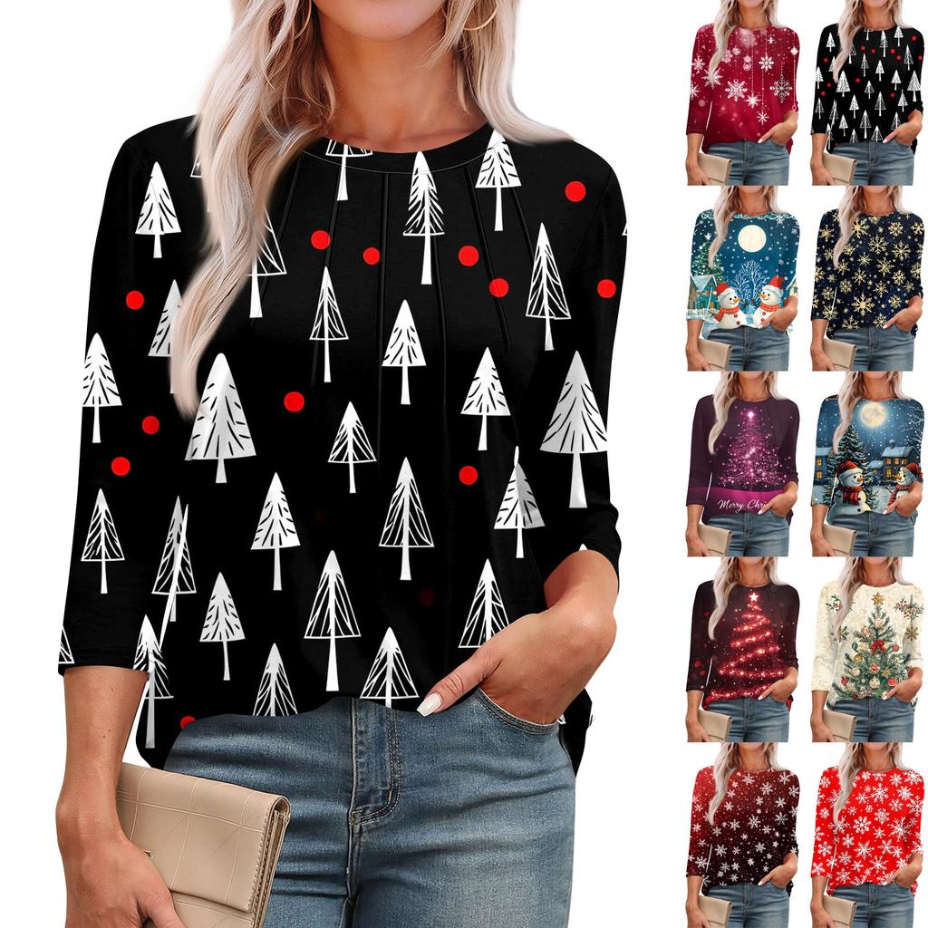Women's Fashionable Round Neck 3/4 Sleeve Christmas Prints Casual Basic Pleated Pullover T-shirt Top