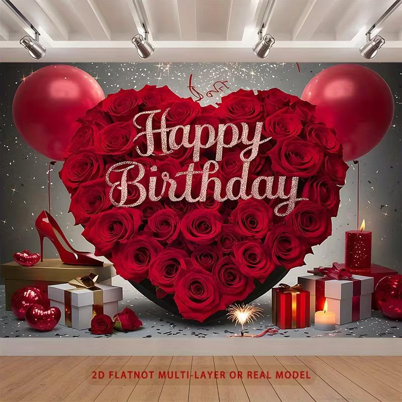 2D Red Rose Birthday Backdrop, Red Balloons & Gifts Photo Booth Background
