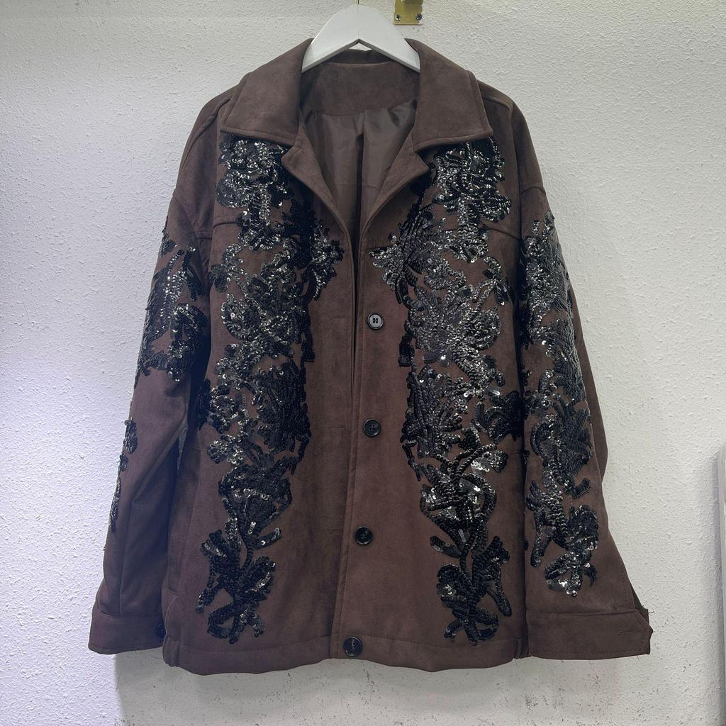 2024 Women's Brown Leather Jacket with Heavy Sequin Embroidery - Cool Motorcycle Style