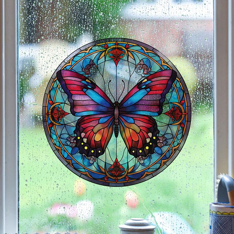 Retro Stained Hummingbird Butterfly Flower Film Window Glass Electrostatic Stickers Colorful