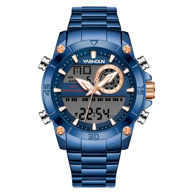 Часы с двойным механизмом, электронные часы со стальным ремешком, деловые кварцевые часы, водонепроницаемые, многофункциональные спортивные мужские часы