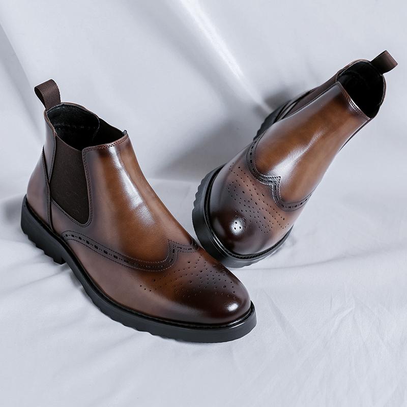 Fashion Elegantes Genuine Leather Chelsea Boots Mens Comfortable Brogue Shoes British Style Man Wedding Dress Ankle Boots Slip On Shoes