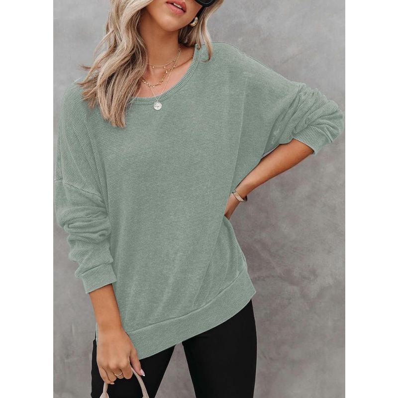 INDFS Женская мода Повседневный однотонный принт Весна Осень Длинные рукава О-образный вырез Пуловеры и длинные рукава