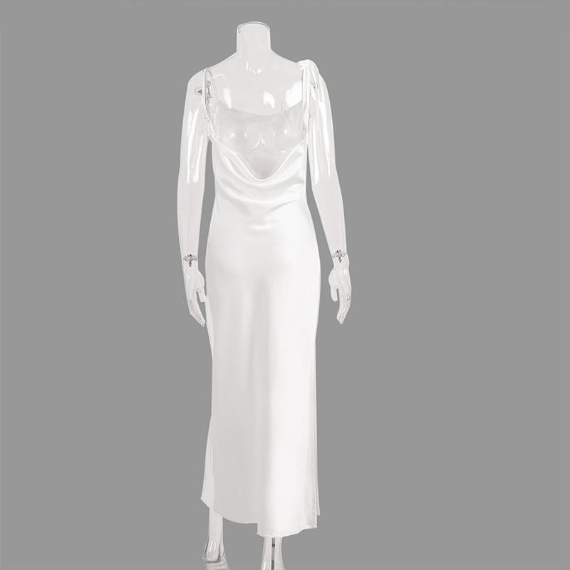 Sexy Backless Summer Dress Women Satin Silk Maxi Dress High Slit Chain Party Wedding Robes Elegant Long Birthday Evening Dresses