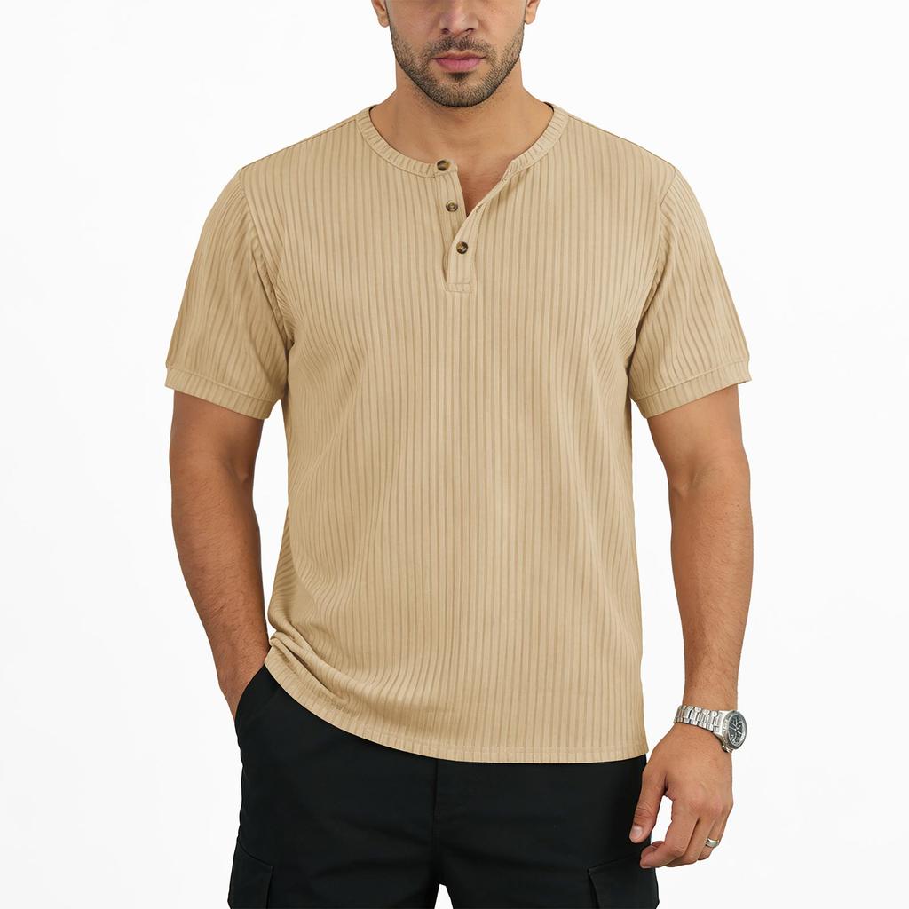 Мужская летняя футболка-henley с коротким рукавом, фактура в рубчик, на пуговицах, повседневная, дышащая, легкая
