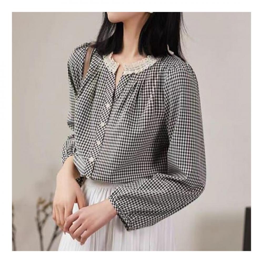 Navava Women Lace Check Long Sleeve Blouse Nb2001