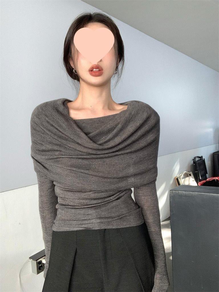 Женский облегающий трикотажный топ с открытыми плечами во французском стиле: Плиссированный дизайн Весна/Осень