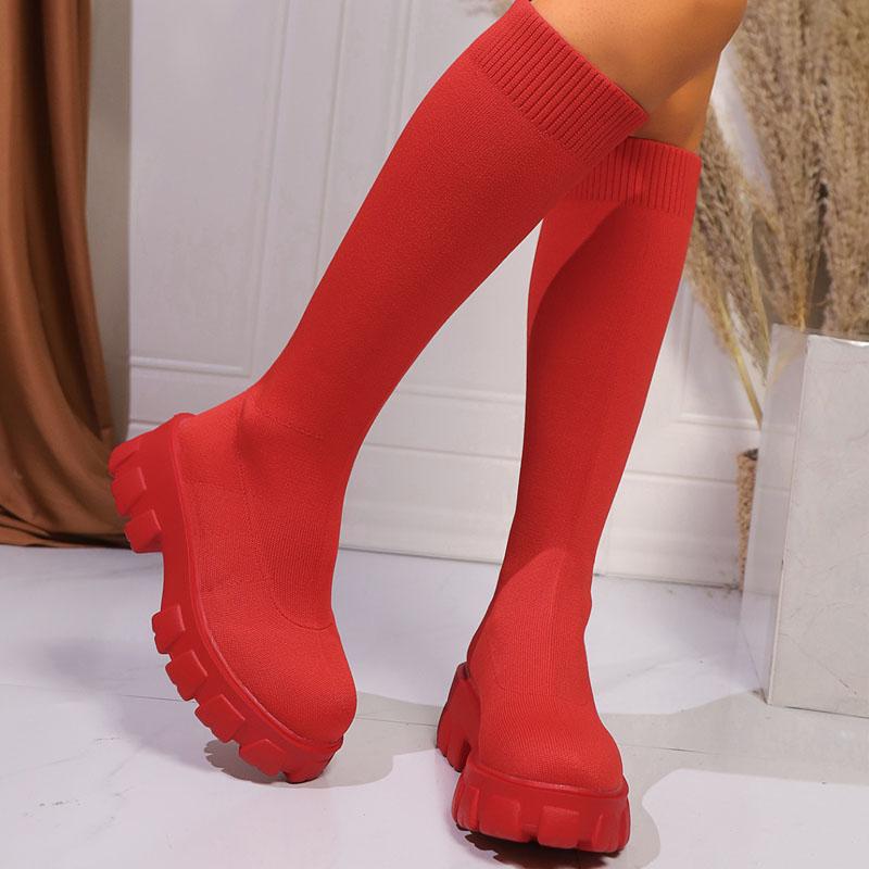 Spring Autumn Boots Women's Fashion Platform Wide Heels Knee-high Boots Knitted Fabrics Stretch Slip-on Socks Boots Casual Shoes