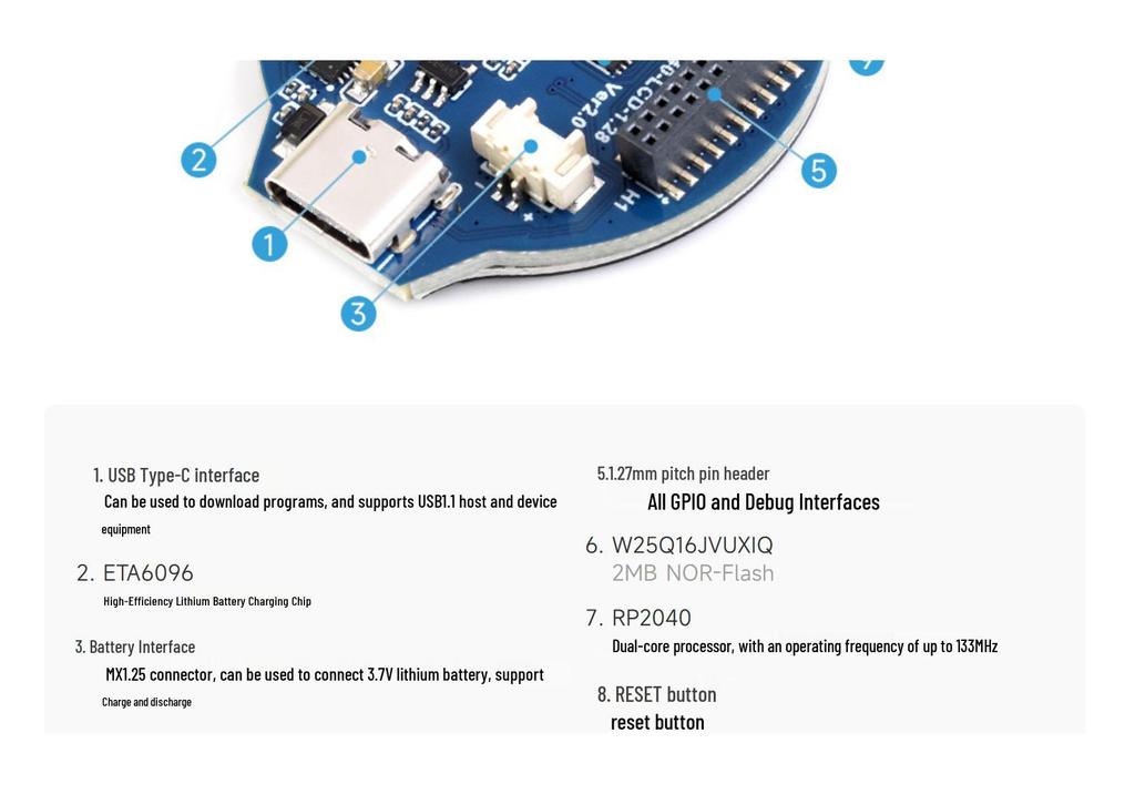MicroSnow RP2040 Dev Board with 1.28" Round LCD & Sensors for MicroPython