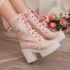 2025 Round Toe Platform Super High Thick Heel Floral Lolita Style Girl's Mid-Calf Boots Breathable Lining Autumn New Sweet Boots