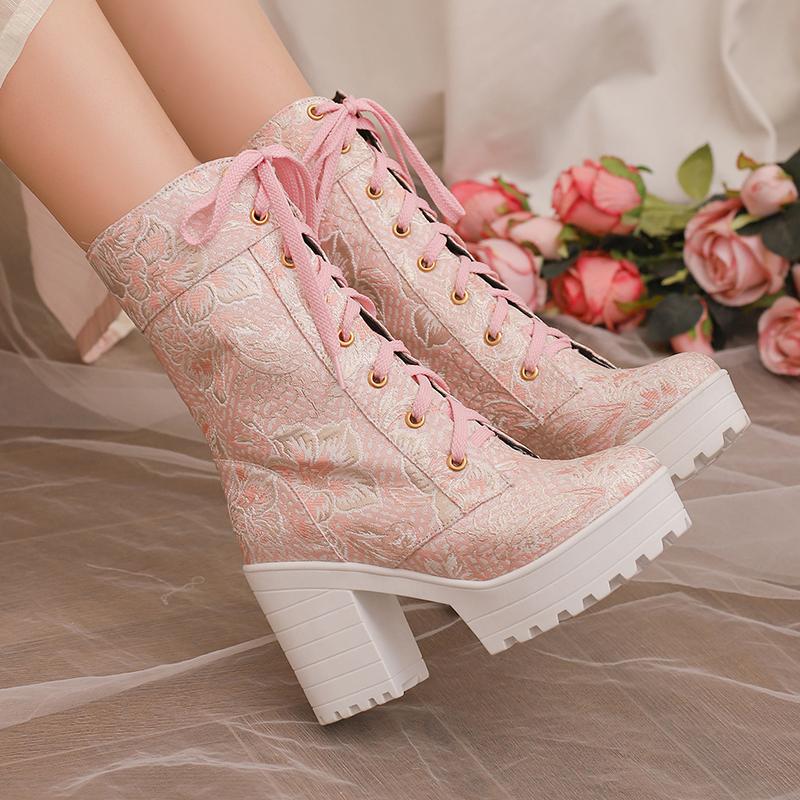 Round Toe Platform Super High Thick Heel Floral Lolita Style Girl's Mid-Calf Boots Breathable Lining Autumn New Sweet Boots