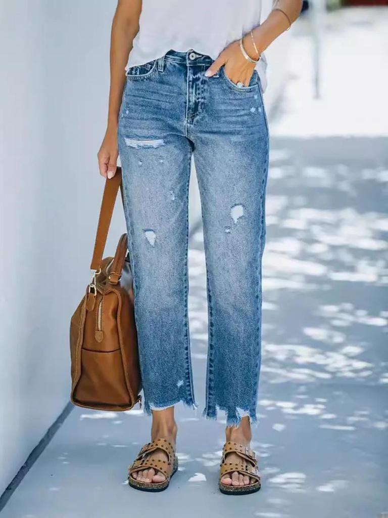 2025 Женские рваные повседневные джинсы-дудочки длиной до щиколотки