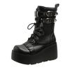 Punk Boots Women Matte Leather Platform Chunky Sneakers Autumn 9CM Wedge Heels Mid-Calf Boot Woman Winter Metal Motorcycle Boots