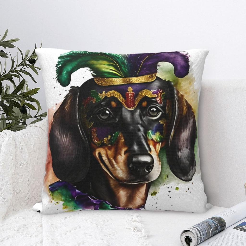 Mardi Gras Cutie Dachshund Pillowcase Polyester Cushion Cover Decoration Throw Pillow Case Cover Home Zipper 40X40cm