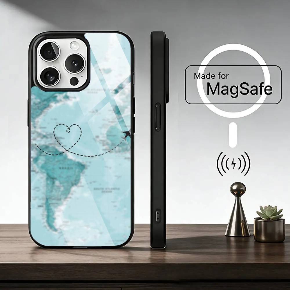 Travel Airplane Route Phone Case For iPhone17,16,15,14,13,12,11 Plus,Pro Magnetic For Magsafe Wireless Charging