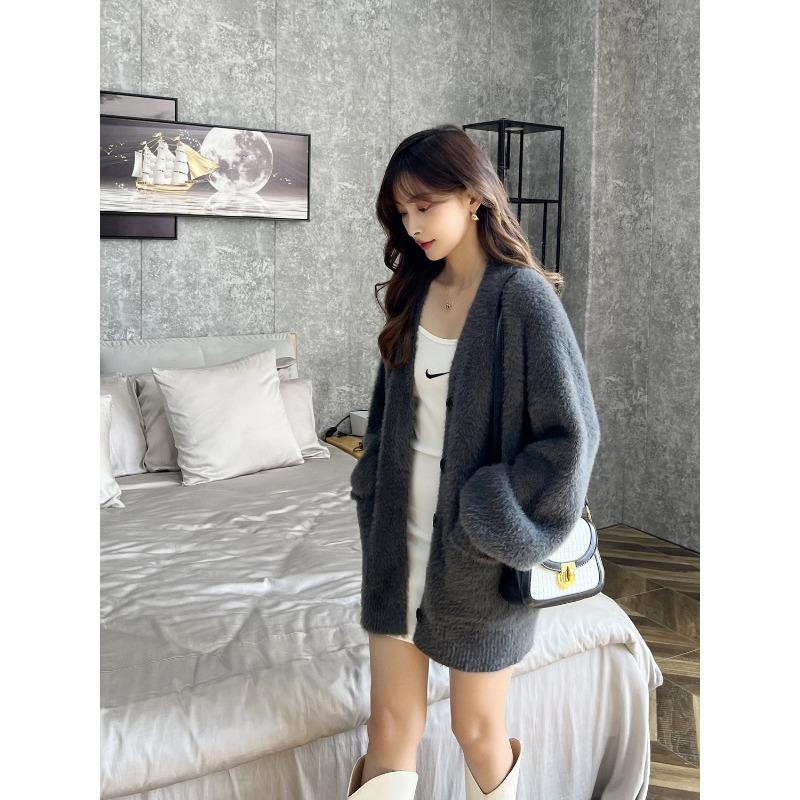 Faux Mink V-neck Lazy Wind Knitted Cardigan Lantern Sleeve Sweater Women's Fall and Winter Pocket Paragraph Jacket