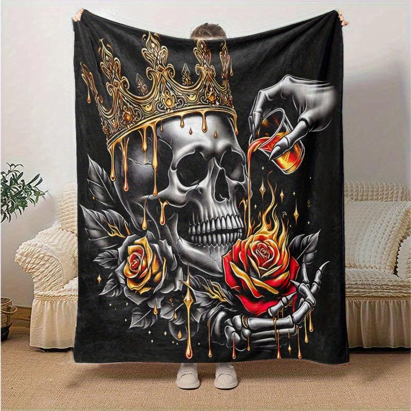 1pc Golden Crowned Skull with Roses Blanket Soft Throw for Room Decor, Perfect Gift
