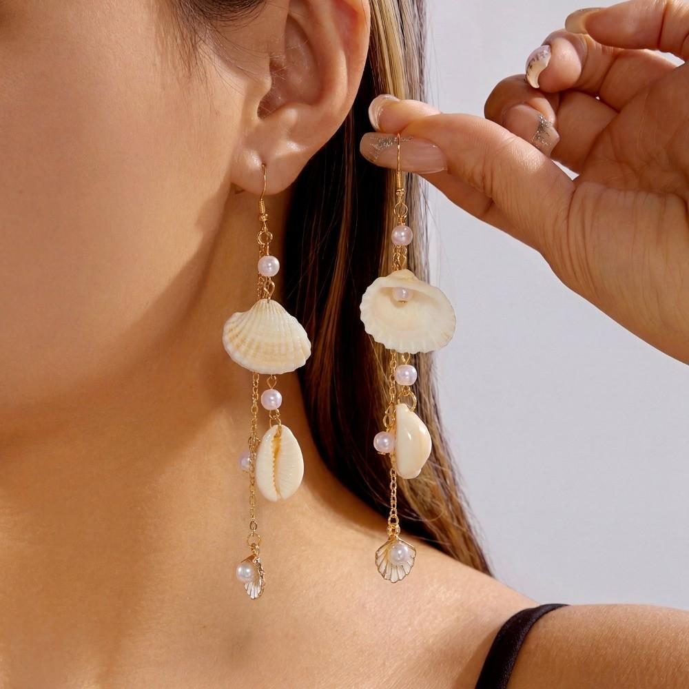 Bohemia Style Conch Shell Drop Earrings Colorful Resin Material Starfish Dangle Earrings Handmade Ocean Theme
