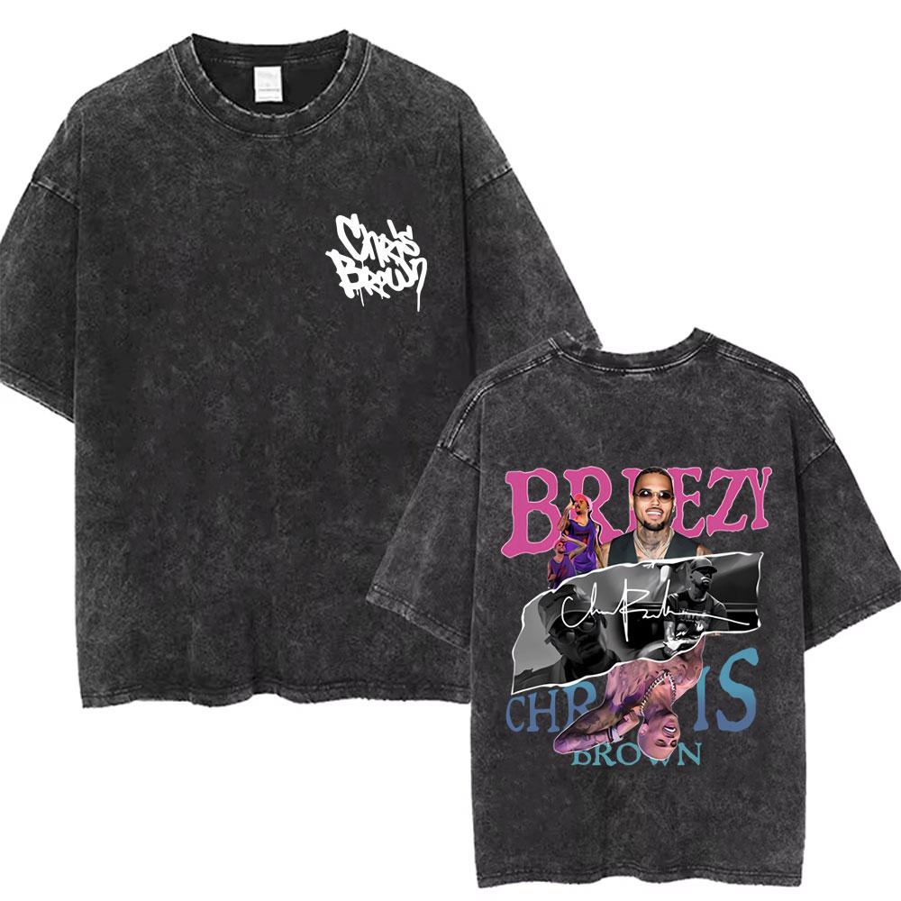 Washed Chris Brown Music Album Cover Print T-shirt Breezy Bowl XX Tour 2025 Merch T Shirts Men Women Hip Hop High Quality Tshirt