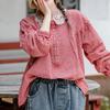 Women Vintage Plaid T-Shirts Cotton Spring Tees Long Sleeve Patchwork Lace Turn-down Collar Loose Soft Women T-Shirts