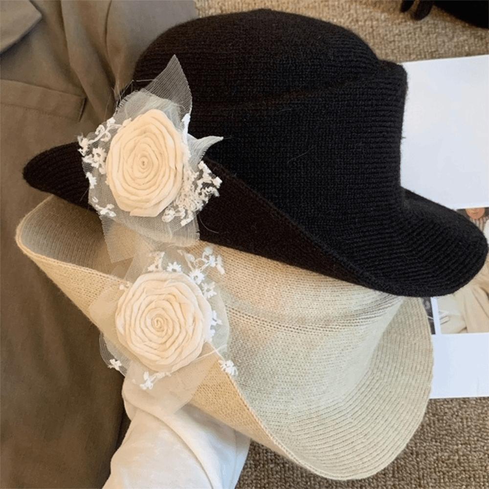 Floral Black Knitted Hat Lace Women Fisherman Hat Fashion Hepburn Style Topper Hat Wedding