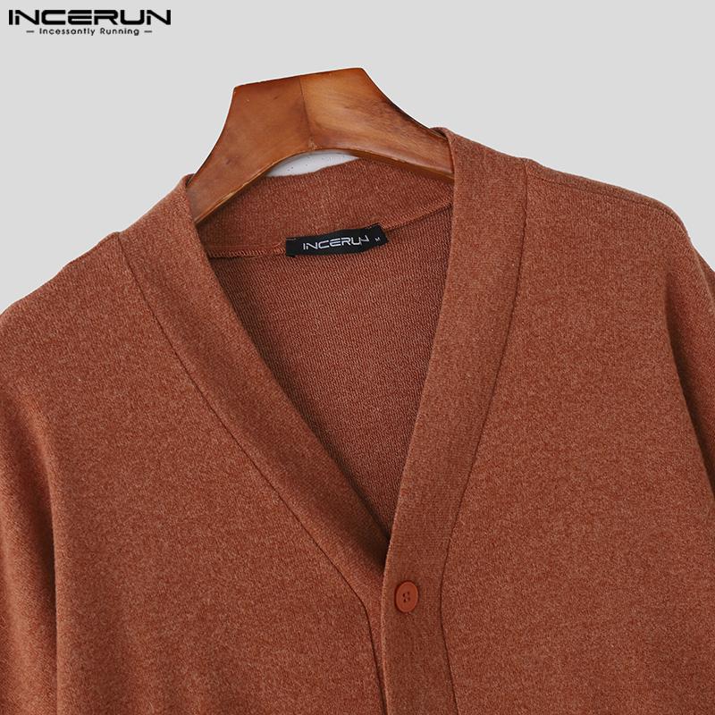 INCERUN Oversized Men V Neck Long Sleeve Buttons Up Drawstring Knit Cardigan Tops