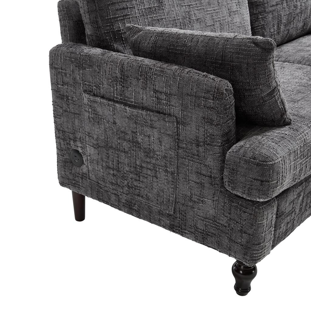 Modern two-seater Chenille sofa, wooden legs, LED lights, USB charger and storage bag