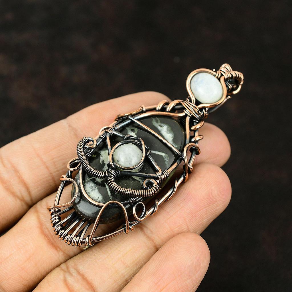 Подвеска из марокканской грязи с трещинами, ископаемая, обернутая медной проволокой, драгоценный камень, подвеска ручной работы, подвеска из радужного лунного камня, украшение от сглаза в подарок