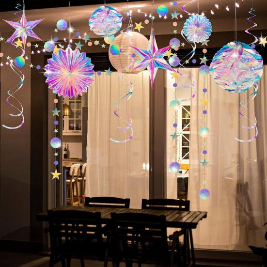29 Pcs Iridescent Party Decorations Holographic Foil Fan Shiny Star Honeycomb Ball Hanging Swirls Decoration for Baby Shower Mermaid Themed