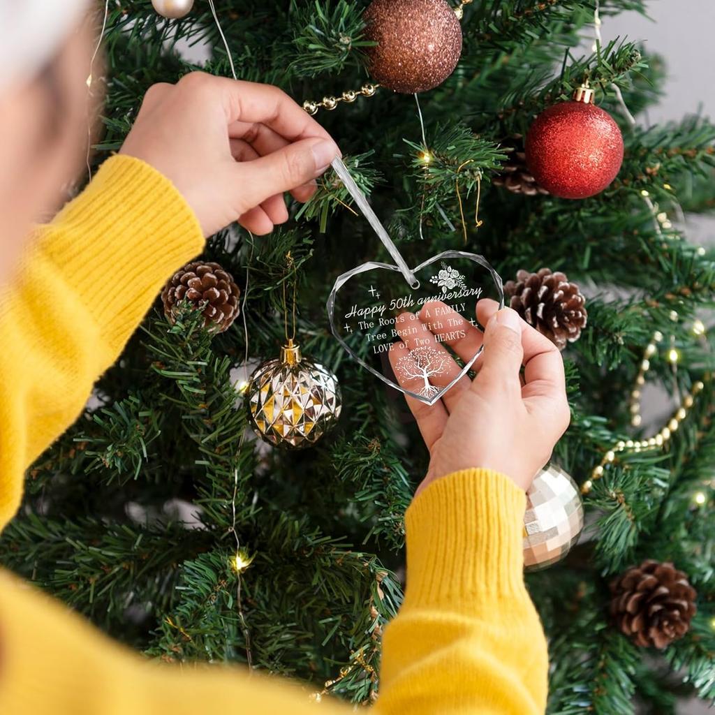 Happy 50th Anniversary Transparent Crystal Ornament, 50th Wedding Glass Memorial Keepsake Heart Plaque Unique Hanging Ornaments for Old Couples