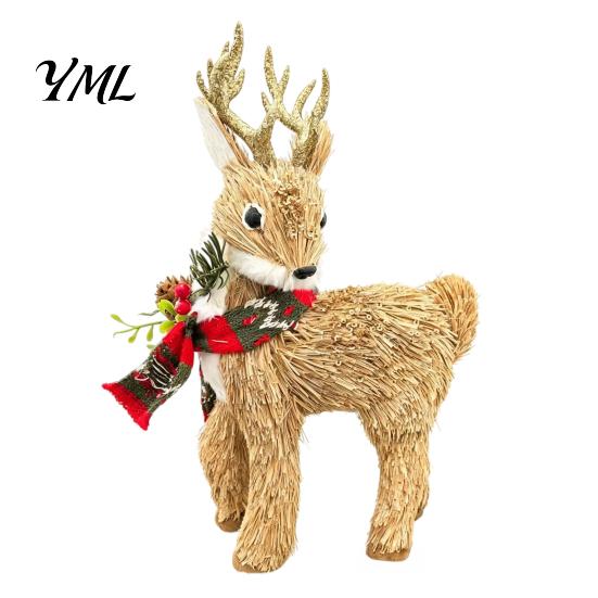 Forest Atmosphere Party Supplies Handmade Straw Deer/Squirrel Christmas Ornaments with Scarf, Retro Pastoral Style Small Table Decorations Rustic