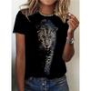 Flower Leopard Print T-shirt, Casual Crew Neck Short Sleeve Top For Spring & Summer, Women's Clothing