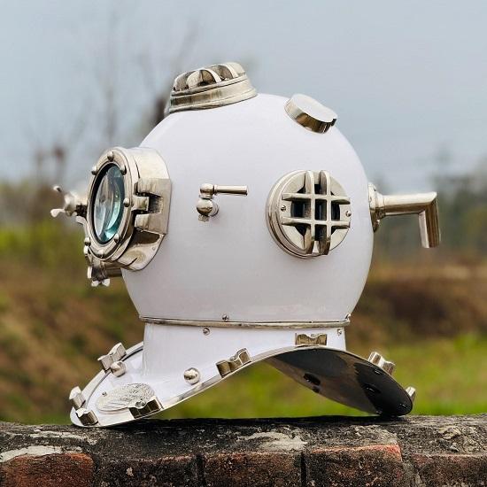 White Marine Diving  Deep Sea Scuba Diver  with Wooden Base Nautical Boston Diving Maritime Decor  Gift